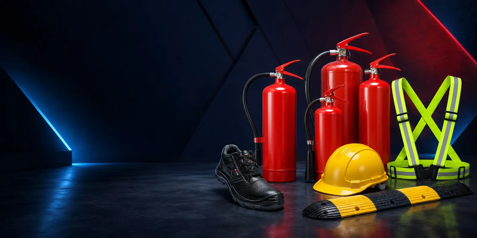 Safety shoes, helmets, extinguishers and reflective vest products