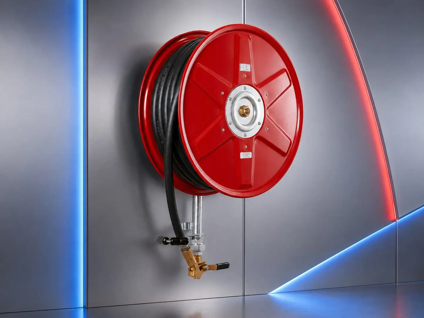 Red fire hose reel mounted on a wall
